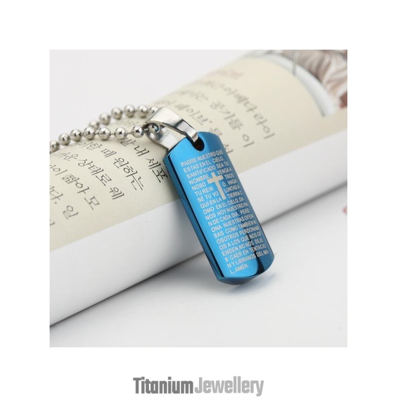 Man Sky Blue Cross Bible Titanium Steel Pendant Necklace Gift