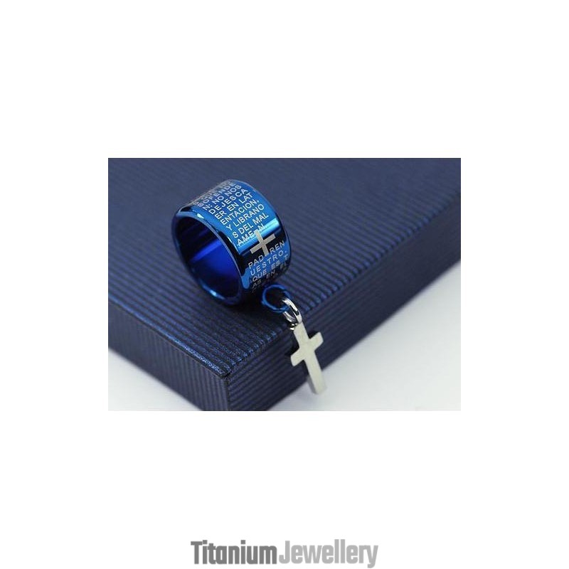Exquisite Blue Titanium Ring Necklace And Cross Pendant Exquisite Blue Titanium Ring Necklace And Cross Pendant