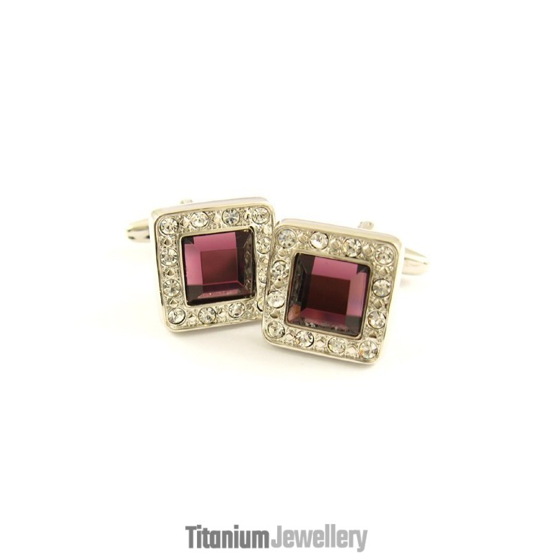 Titanium Square Cufflinks With Diamonds And Mauve Square Zirconia Titanium Square Cufflinks With Diamonds And Mauve Square Zirconia
