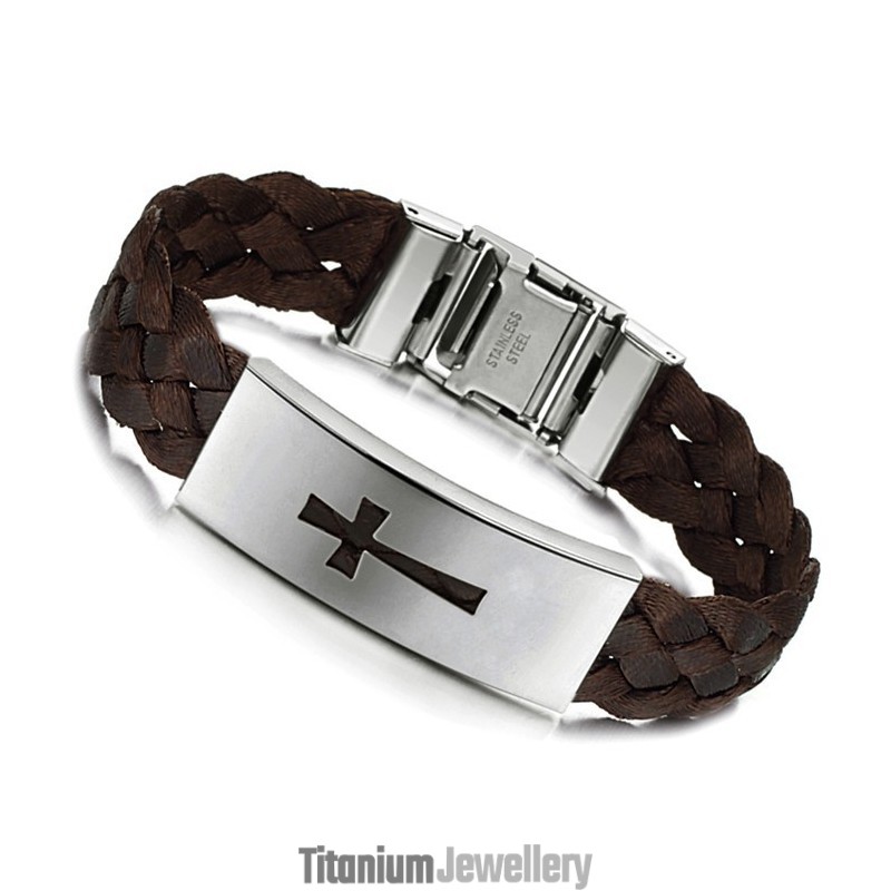Stable Quality Male Cross Titanium Leather Bangle Stable Quality Male Cross Titanium Leather Bangle