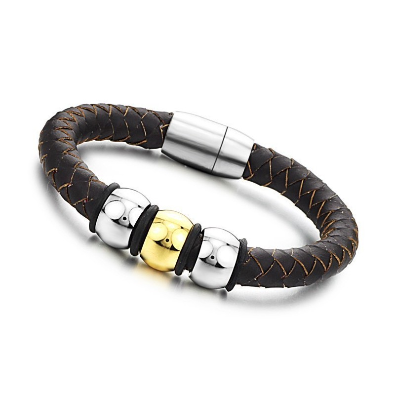 To Enjoy High Reputation At Home And Abroad Brown Titanium Leather Bangle