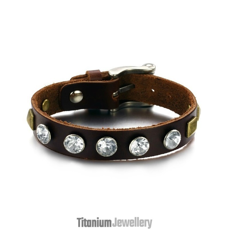 High Quality Retro Titanium Leather Bangle With Rhinestone High Quality Retro Titanium Leather Bangle With Rhinestone