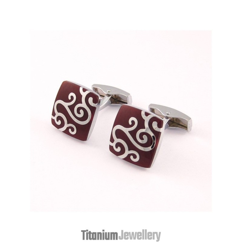 Vermilion Titanium Cufflinks With Silver Classical Carved Patterns Vermilion Titanium Cufflinks With Silver Classical Carved Patterns
