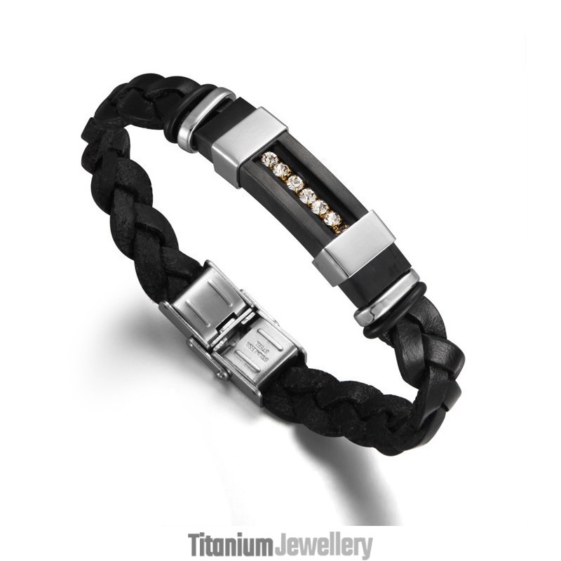 Reliable Reputation Male Black Titanium Leather Bangle Reliable Reputation Male Black Titanium Leather Bangle