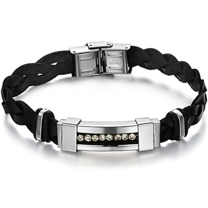 Selling Well All Over The World Titanium Leather Bangle With Rhinestone