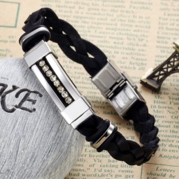 Selling Well All Over The World Titanium Leather Bangle With Rhinestone