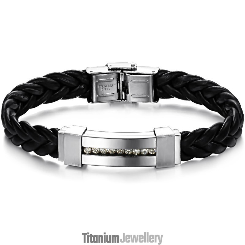 The Queen Of Quality Titanium Leather Bangle With Rhinestone The Queen Of Quality Titanium Leather Bangle With Rhinestone