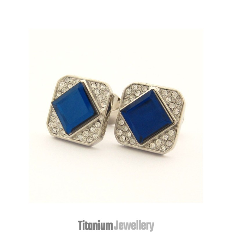 Titanium Square Cufflinks With Blue Crystal And Diamonds Titanium Square Cufflinks With Blue Crystal And Diamonds