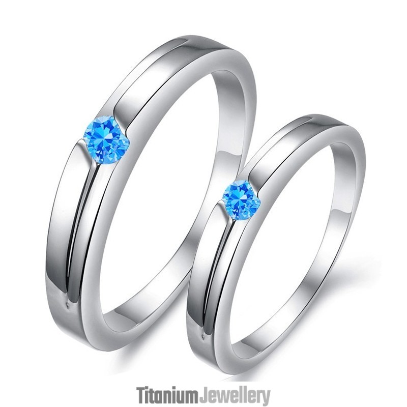 Excellent Quality Blue Platinum Plating Titanium Ring For Lovers With Rhinestone