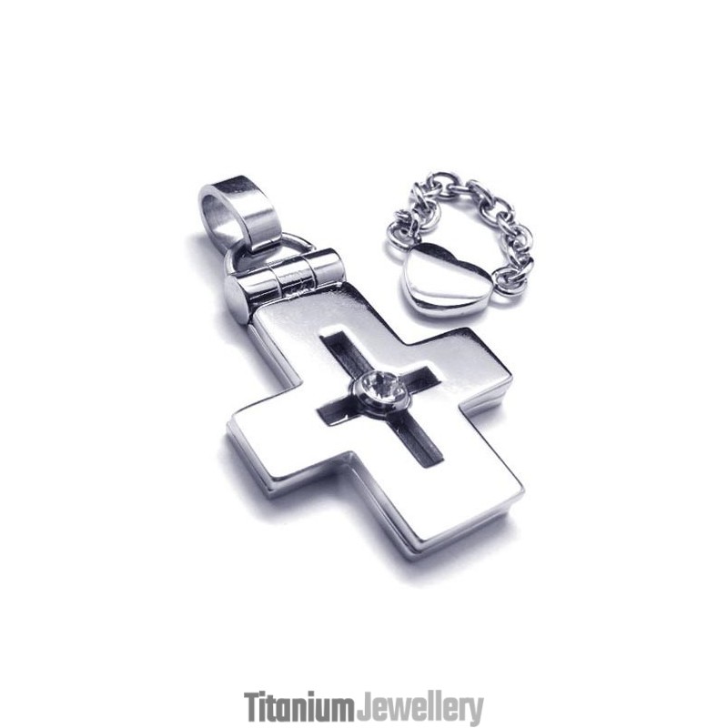 Openable Titanium Cross Pendant With Heart - Free Chian Openable Titanium Cross Pendant With Heart - Free Chian