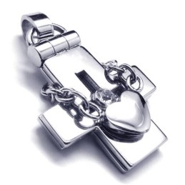 Openable Titanium Cross Pendant With Heart - Free Chian