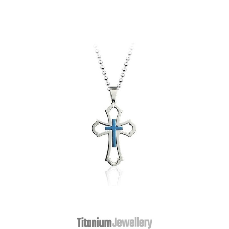 Pretty Mens Hollow Blue Titanium Cross Pendant - Free Chain