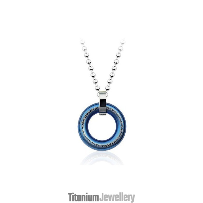 Retro Mens Ring-Shaped Blue Titanium Pendant - Free Chain