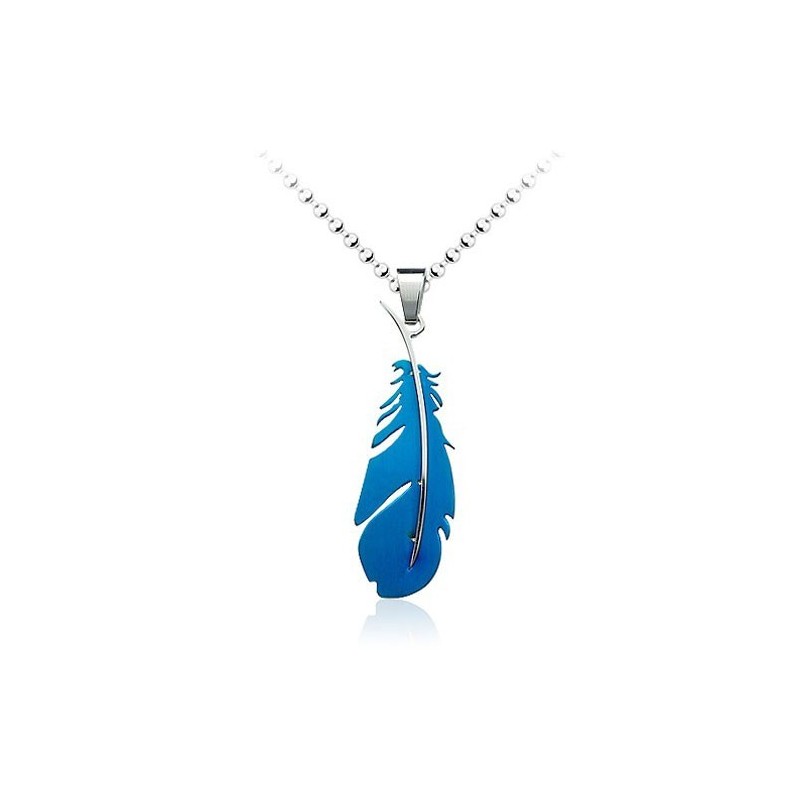Popular Mens Blue Feather-Shaped Titanium Pendant - Free Chain Popular Mens Blue Feather-Shaped Titanium Pendant - Free Chain