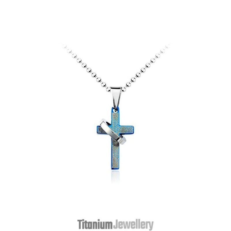 Popular Mens Blue Cross Titanium Pendant - Free Chain