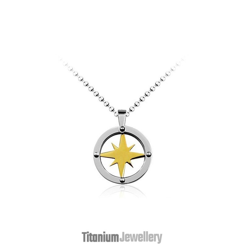 Golden Star Circle Mens Titanium Pendant - Free Chain Golden Star Circle Mens Titanium Pendant - Free Chain
