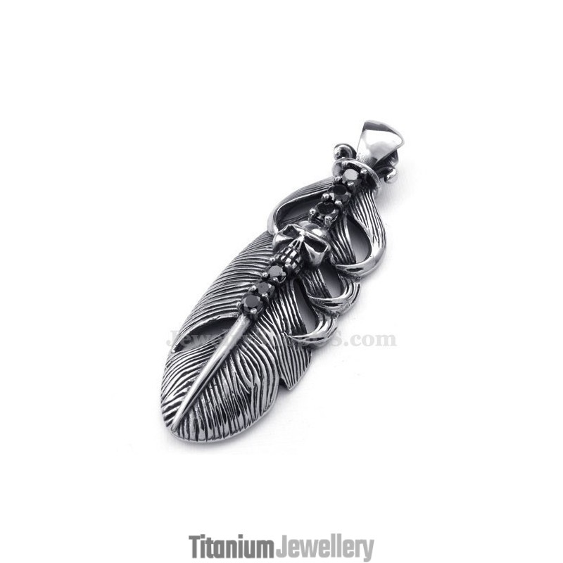 Titanium Feather Pendant Necklace Adorned With Skull (Free Chain) Titanium Feather Pendant Necklace Adorned With Skull (Free Chain)