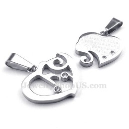 Silver Titanium Couples Hearts Pendant Necklace (Free Chain)(One Pair)