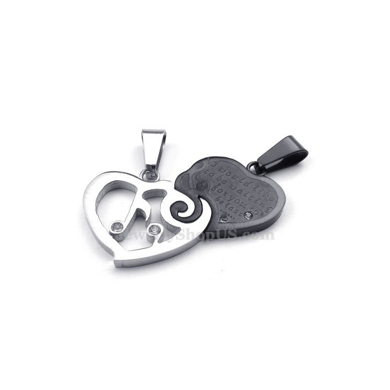Silver & Black Titanium Couples Hearts Pendant Necklace (Free Chain)(One Pair)