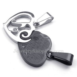 Silver & Black Titanium Couples Hearts Pendant Necklace (Free Chain)(One Pair)