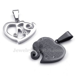 Silver & Black Titanium Couples Hearts Pendant Necklace (Free Chain)(One Pair)