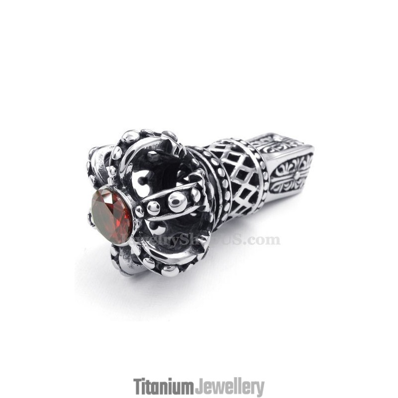 Red Zircon Titanium Imperial Crown Pendant Necklace (Free Chain)