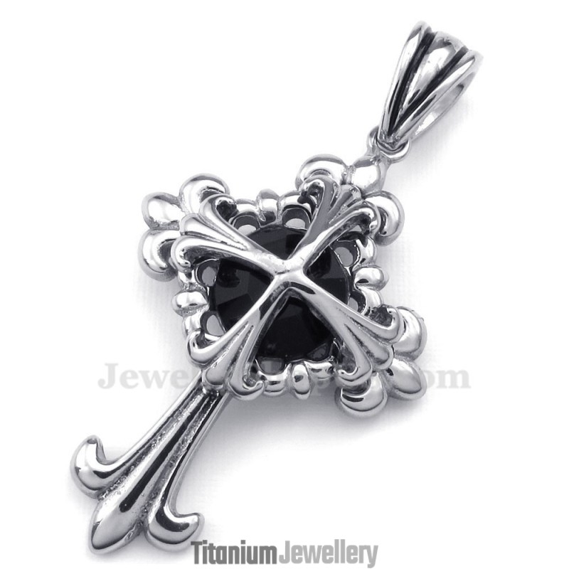 Black Zircon Titanium Flower Cross Pendant Necklace (Free Chain)