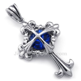 Blue Zircon Titanium Flower Cross Pendant Necklace (Free Chain)
