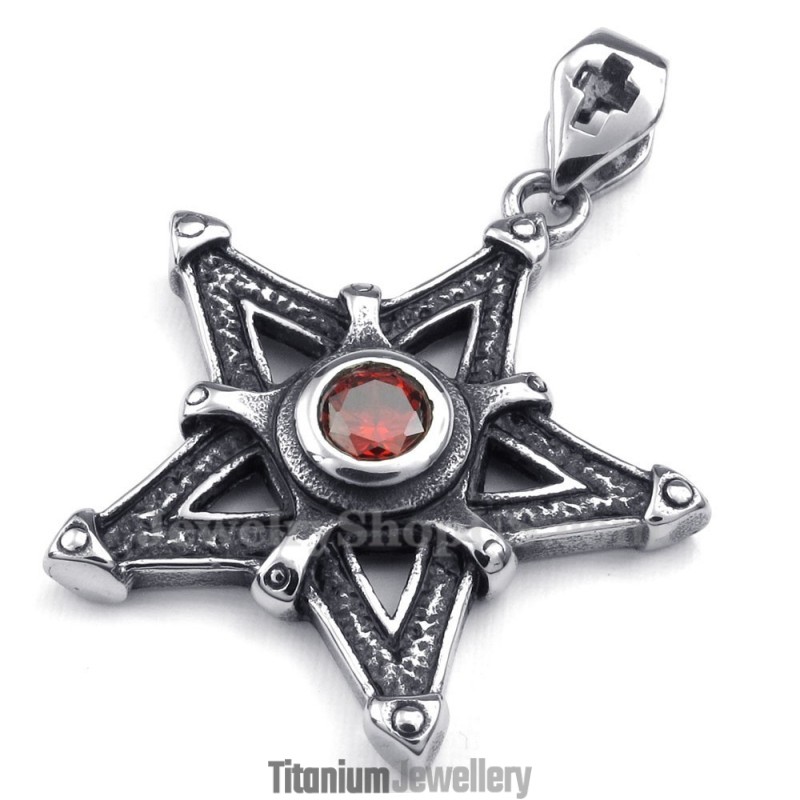 Red Zircon Titanium Star Pendant Necklace (Free Chain)
