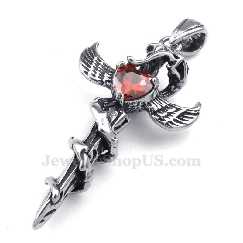 Red Zircon Sword Wings Titanium Cross Pendant Necklace (Free Chain) Red Zircon Sword Wings Titanium Cross Pendant Necklace (Free Chain)