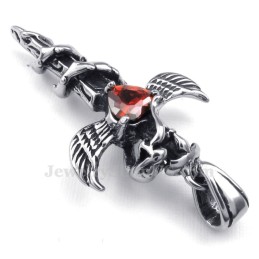 Red Zircon Sword Wings Titanium Cross Pendant Necklace (Free Chain)