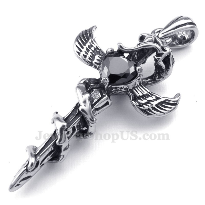 Black Zircon Sword Wings Titanium Cross Pendant Necklace (Free Chain) Black Zircon Sword Wings Titanium Cross Pendant Necklace (Free Chain)