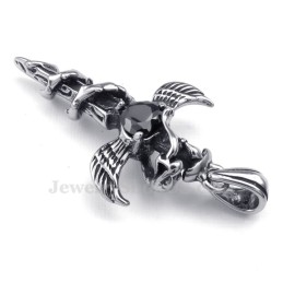 Black Zircon Sword Wings Titanium Cross Pendant Necklace (Free Chain)