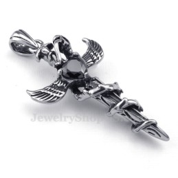 Black Zircon Sword Wings Titanium Cross Pendant Necklace (Free Chain)
