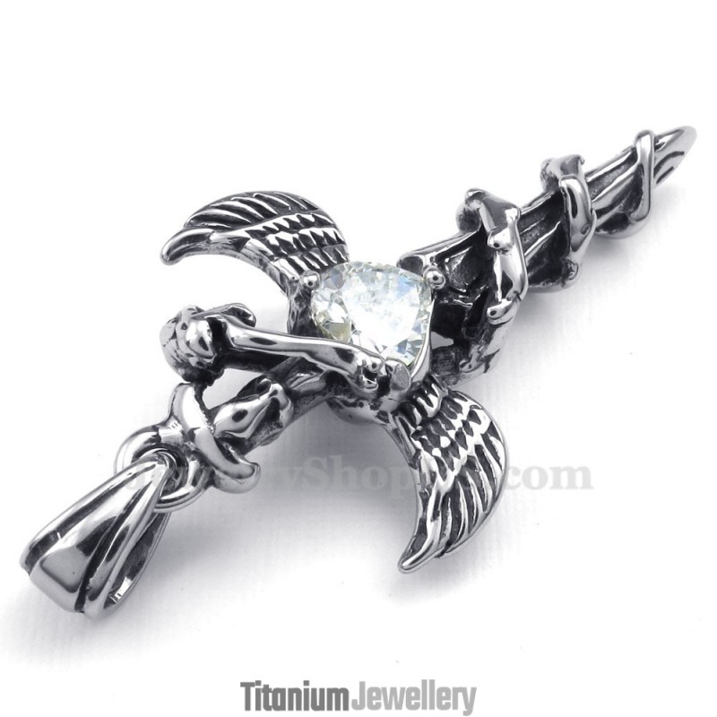 White Zircon Sword Wings Titanium Cross Pendant Necklace (Free Chain) White Zircon Sword Wings Titanium Cross Pendant Necklace (Free Chain)