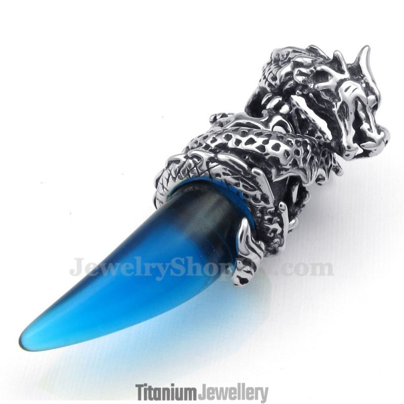 Blue Titanium Dragon Tooth Pendant Necklace (Free Chain)