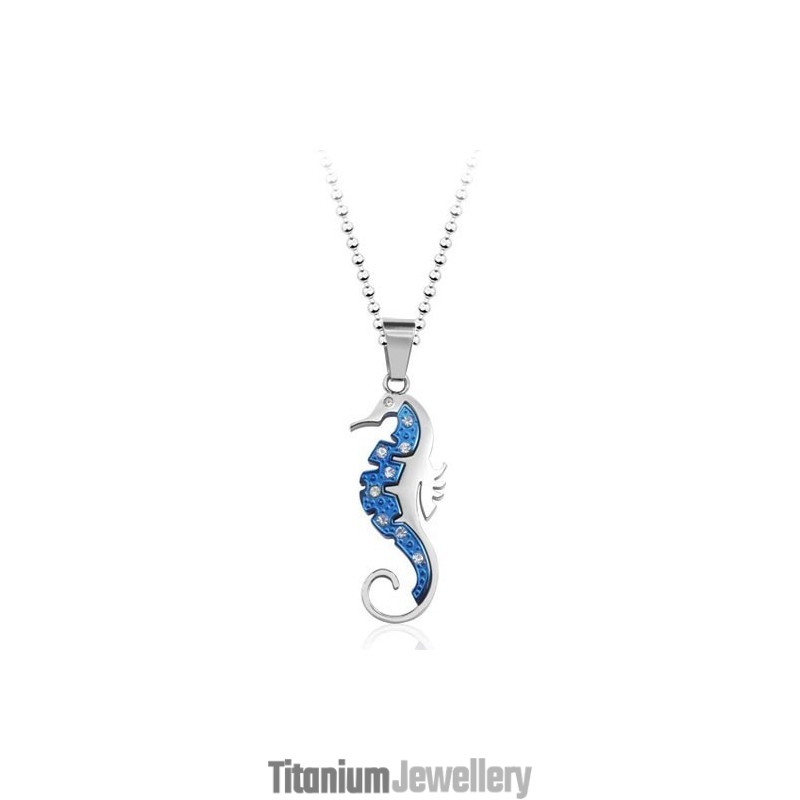 New Style Blue Hippocampus Kaup Titanium Pendant With Diamonds - Free Chain
