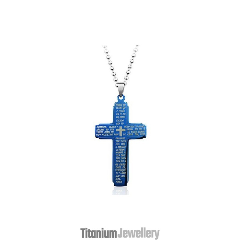 Blue Bible Titanium Cross Pendant - Free Chain Blue Bible Titanium Cross Pendant - Free Chain