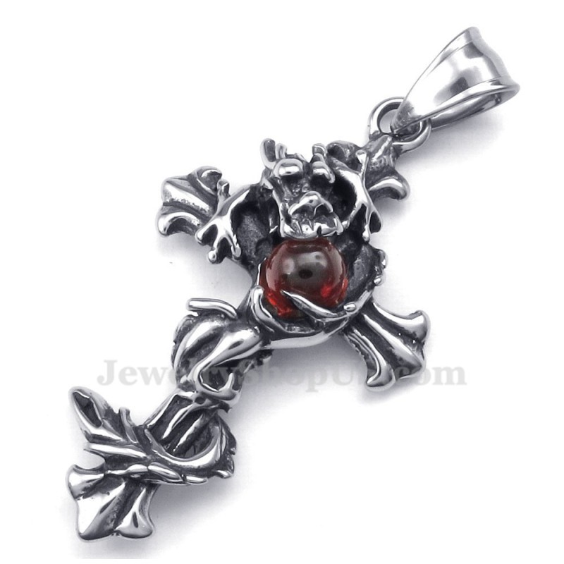 Dragon Red Bead Titanium Cross Pendant Necklace (Free Chain) Dragon Red Bead Titanium Cross Pendant Necklace (Free Chain)