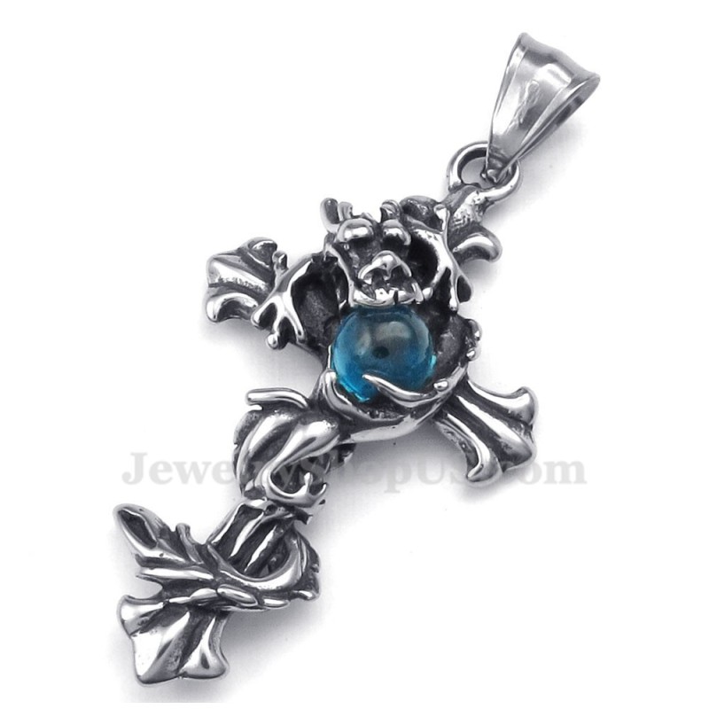 Dragon Blue Bead Titanium Cross Pendant Necklace (Free Chain) Dragon Blue Bead Titanium Cross Pendant Necklace (Free Chain)