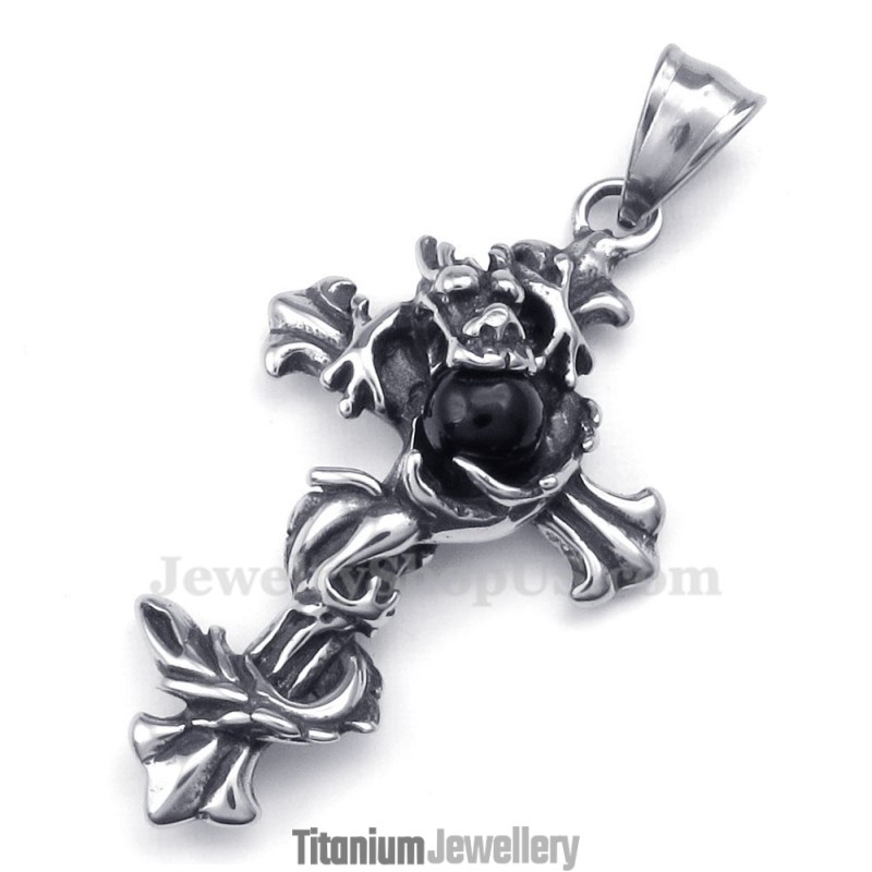 Dragon Black Bead Titanium Cross Pendant Necklace (Free Chain) Dragon Black Bead Titanium Cross Pendant Necklace (Free Chain)