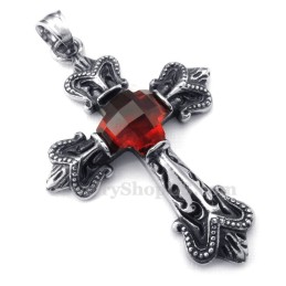 Titanium Red Zircon Cross Pendant Necklace (Free Chain)