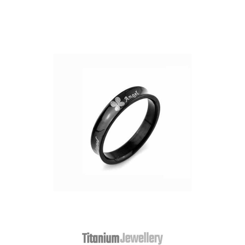 Four Leaf Clover Mens 6Mm Black Titanium Ring