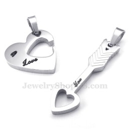 Titanium Silver Cupid Arrow Hearts Couples Pendant Necklace (Free Chain)(One Pair)