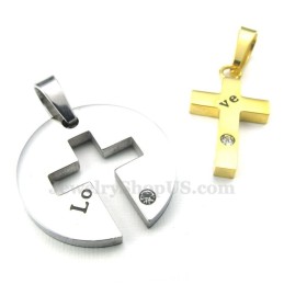 Titanium Gold Cross Couples Pendant Necklace (Free Chain)(One Pair)