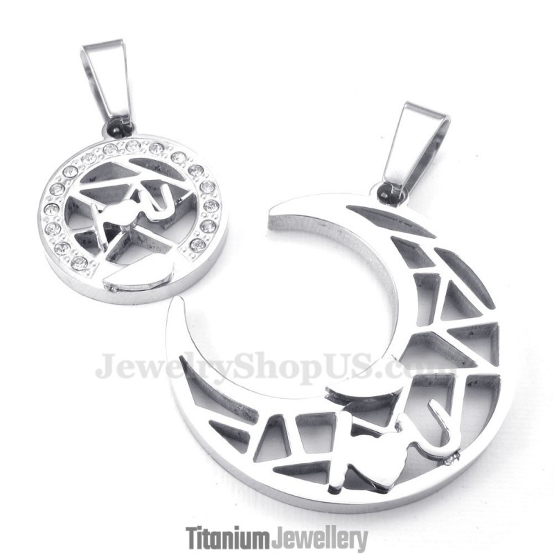 Titanium Silver Moon And Stars Couples Pendant Necklace (Free Chain)(One Pair) Titanium Silver Moon And Stars Couples Pendant Necklace (Free Chain)(One Pair)