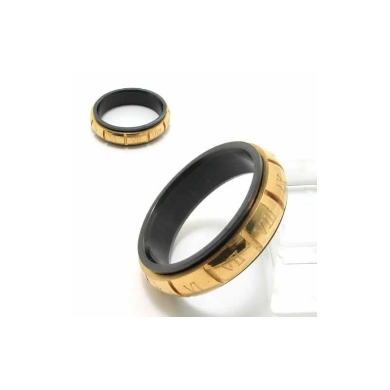 Roman Numerals 6Mm Black Titanium & Gold Court Band Ring Roman Numerals 6Mm Black Titanium & Gold Court Band Ring