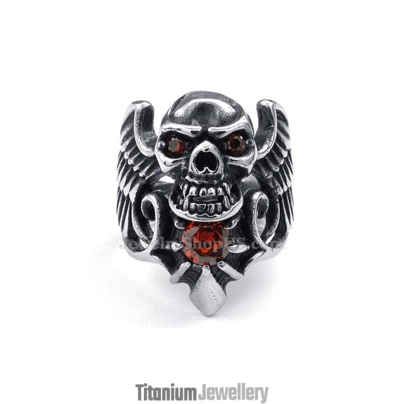Titanium Skull Wing Ring With Red Zircon