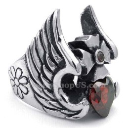 Titanium Cross Feather Ring With Red Zircon