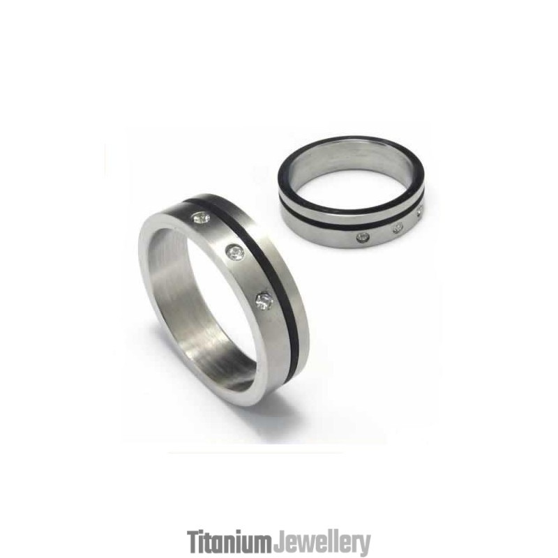Diamond Set 5Mm Titanium & Black Enamel Band Ring Diamond Set 5Mm Titanium & Black Enamel Band Ring